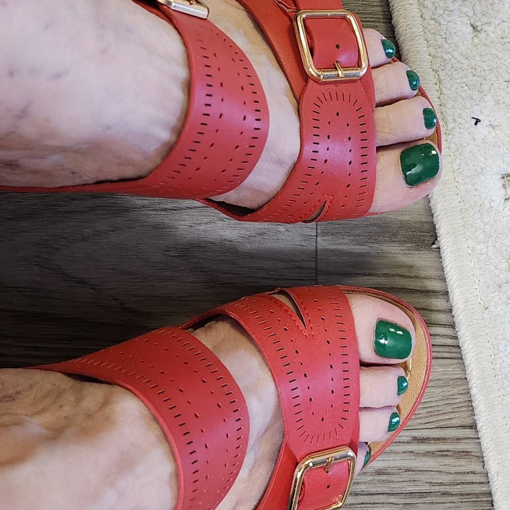 Coral Sandals with Perforated Straps and Gold Buckles